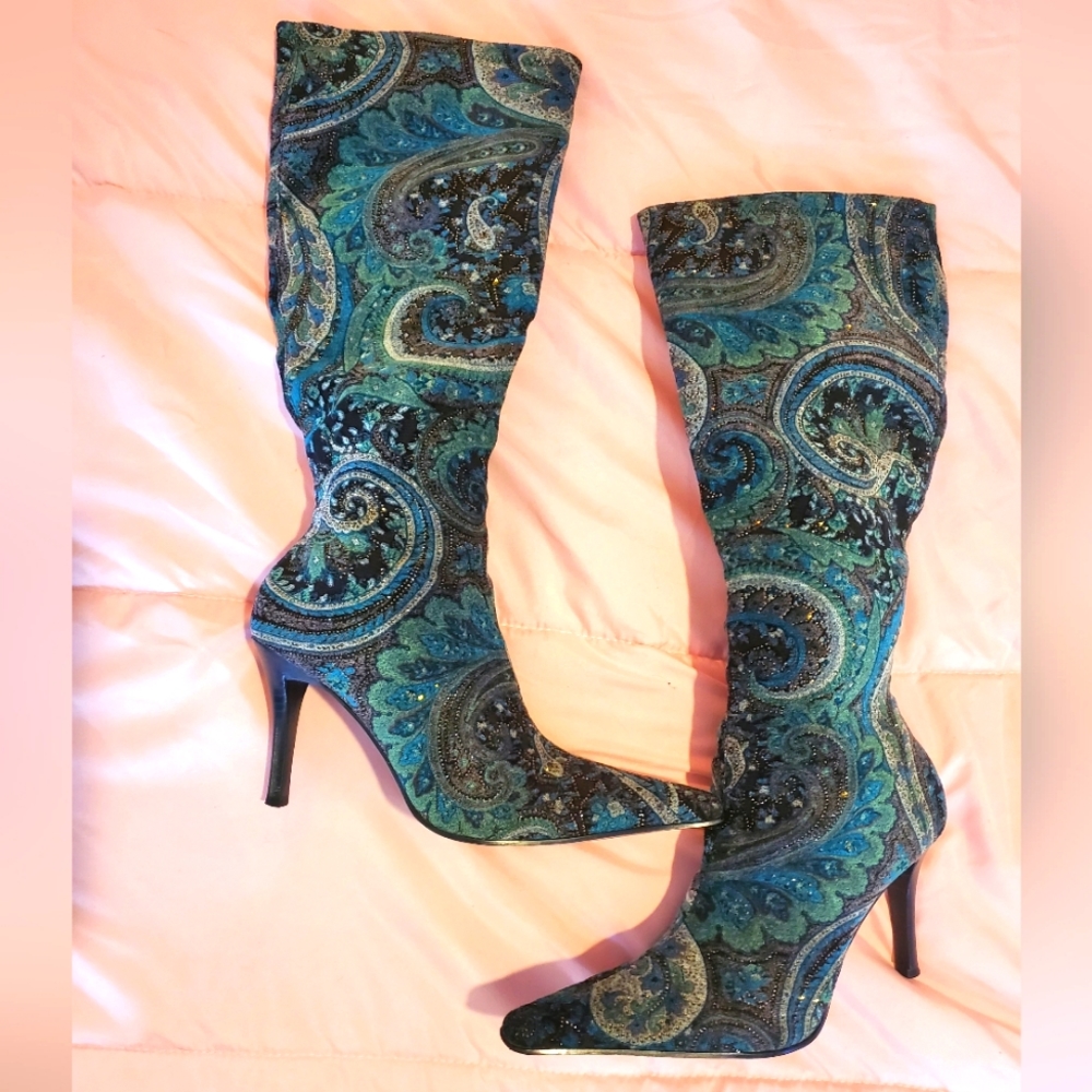 Velvet Paisley n Floral Knee High Boots